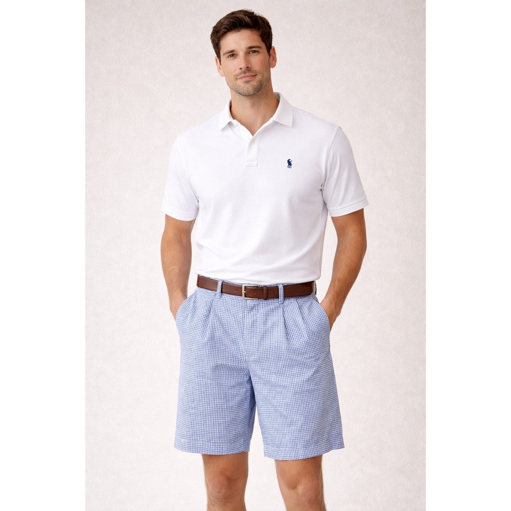 Polo Golf Ralph Lauren Shorts Mens Size 40 Blue Gingham‎ Pleated Cotton Preppy